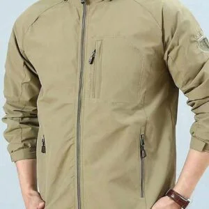 Outdoor Windbreaker Jacket Multi Pocket Khaki Hooded