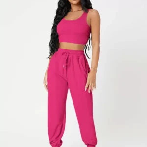 Solid Crop Tank Top And Joggers Set