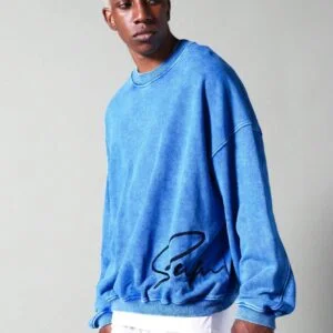 Oversized Fit Washed Sweatshirt With Embroidery – Blue