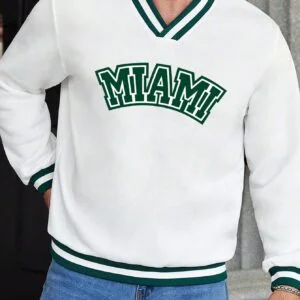 Men Plus Letter Graphic Striped Trim Sweatshirt