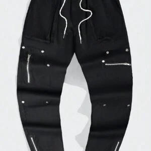 Loose Fit Men’s Drawstring Waist Pants With Zipper Details - Image 2