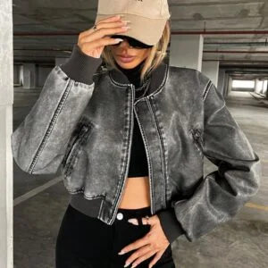 Drop Shoulder Zipper PU Leather Bomber Jacket