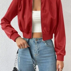 Spring ClothesSolid Zip Up Crop Bomber Jacket