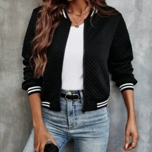 Striped Trim Zip Up Bomber Jacket