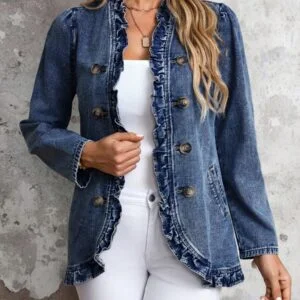 Double Breasted Frill Trim Denim Jacket