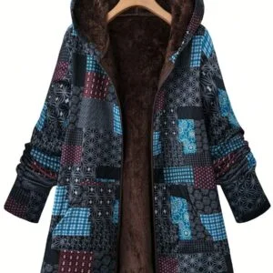 Floral Print Long Sleeve Thermal Lined Loose Casual Hoodie Jacket