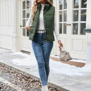 Plain Sleeveless Front Zip Simple Casual Puffer Vest