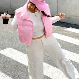 Plus Size Solid Color Front Zip Quilted Padded Short