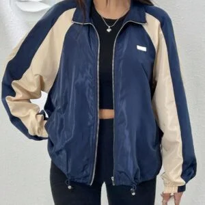 Colorblock Raglan Sleeve Drawstring Hem Zip Up Windbreaker