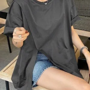 Round Neck Loose Casual Split Hem Short Sleeve T Shirt