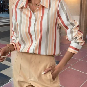 Women Loose Long Sleeve Casual Striped Shirt - Image 2