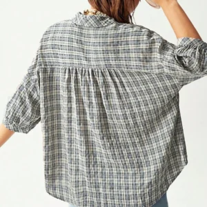 Woven Plaid Short Sleeve Loose Fit Blouse For Women - Image 2