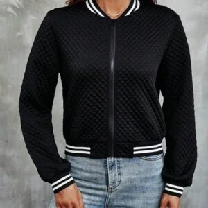 Striped Trim Zip Up Bomber Jacket - Image 2