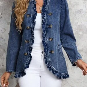 Double Breasted Frill Trim Denim Jacket - Image 2