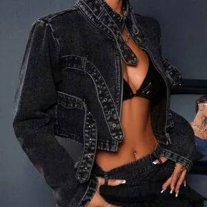 Fashionable Crop Denim Jacket With Long Sleeves - Image 2