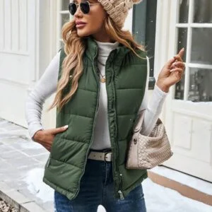 Plain Sleeveless Front Zip Simple Casual Puffer Vest - Image 2