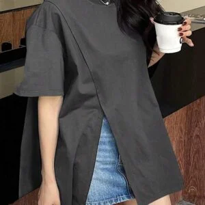 Round Neck Loose Casual Split Hem Short Sleeve T Shirt - Image 2