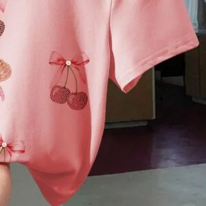 Fruit Cherry Bow Pearl Graphic Print Fitted Tee - Image 3