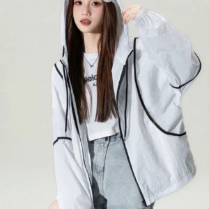 Zipper Pocket Oversized Colorblock Casual Lightweight Windbreaker Jacket - Image 2