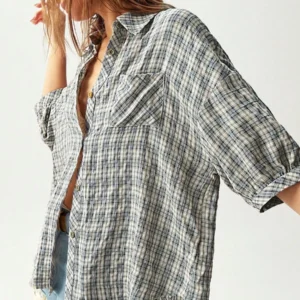 Woven Plaid Short Sleeve Loose Fit Blouse For Women - Image 3