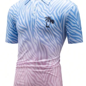 Men Fashion Color Block Palm Tree Print Short Sleeve Polo Shirt - Image 6