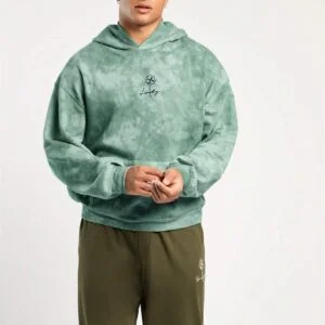 Men’s Spring And Summer Casual Super Loose Off-Shoulder Green Tie-Dye Clover Print Hoodies - Image 3