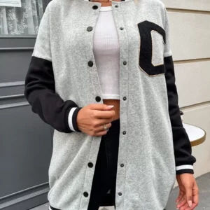 Letter Patched Colorblock Drop Shoulder Varsity Jacket - Image 3