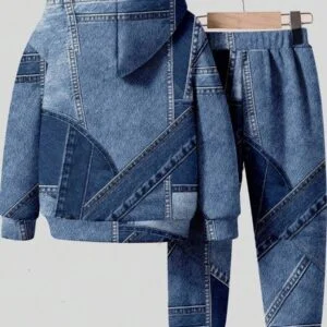 Denim Effect Hooded Sweatshirt And Sweatpants - Image 3