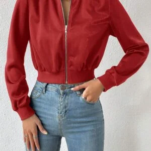 Spring ClothesSolid Zip Up Crop Bomber Jacket - Image 3