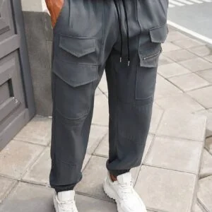 Men Drawstring Waist Tooling Pocket Zipper Design Casual Pants - Image 3
