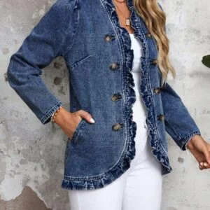 Double Breasted Frill Trim Denim Jacket - Image 3