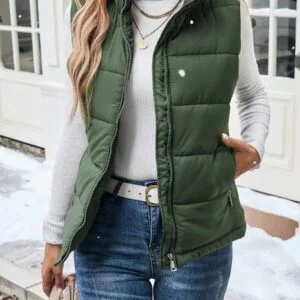 Plain Sleeveless Front Zip Simple Casual Puffer Vest - Image 3