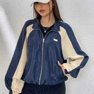 Colorblock Raglan Sleeve Drawstring Hem Zip Up Windbreaker - Image 3