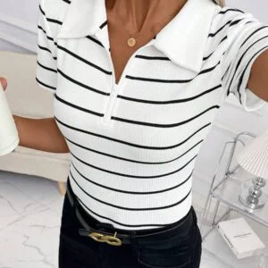 Black & White Striped Knit Short Sleeve Polo Shirt - Image 4