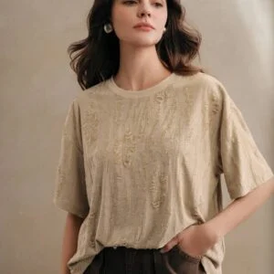 Casual Round Neck Knitted Textured Loose T Shirt - Image 3
