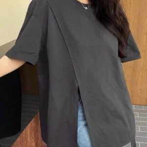 Round Neck Loose Casual Split Hem Short Sleeve T Shirt - Image 3