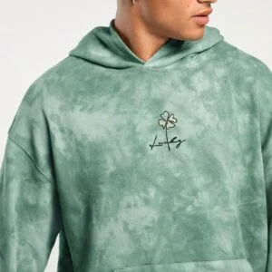 Men’s Spring And Summer Casual Super Loose Off-Shoulder Green Tie-Dye Clover Print Hoodies - Image 4