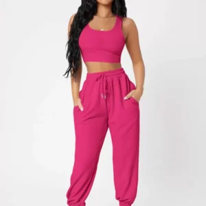 Solid Crop Tank Top And Joggers Set - Image 4