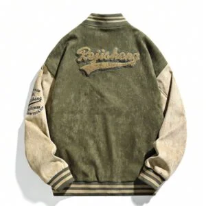 Color Block Plush Button Front Baseball Jacket