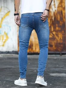 Zip Fly Skinny Jeans Washed Navy Blue - Image 4