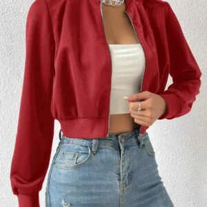 Spring ClothesSolid Zip Up Crop Bomber Jacket - Image 4