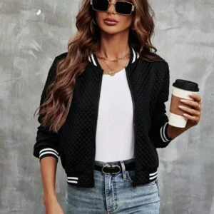 Striped Trim Zip Up Bomber Jacket - Image 4