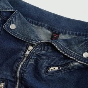 Off Shoulder Form Fitting Cropped Denim Moto Jacket - Image 4