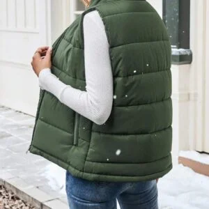 Plain Sleeveless Front Zip Simple Casual Puffer Vest - Image 4