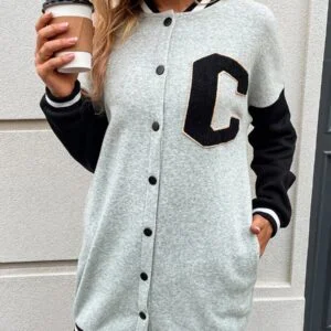 Letter Patched Colorblock Drop Shoulder Varsity Jacket - Image 4