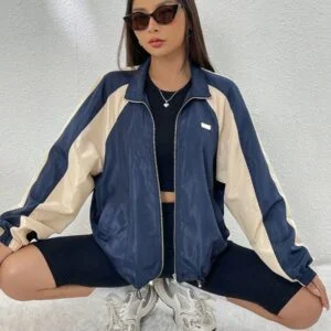 Colorblock Raglan Sleeve Drawstring Hem Zip Up Windbreaker - Image 4