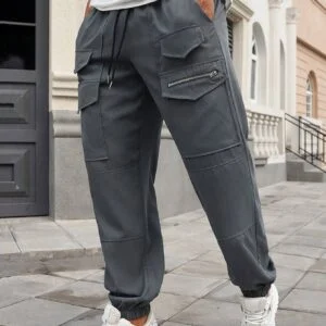 Men Drawstring Waist Tooling Pocket Zipper Design Casual Pants - Image 2