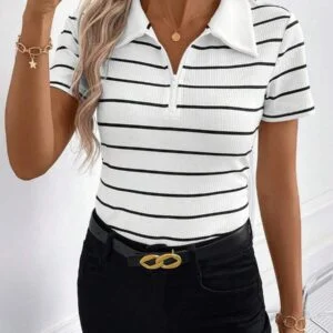 Black & White Striped Knit Short Sleeve Polo Shirt - Image 3