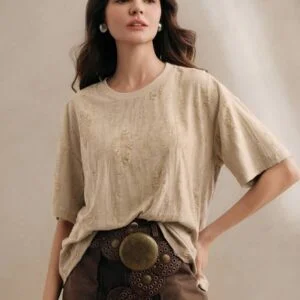 Casual Round Neck Knitted Textured Loose T Shirt - Image 4