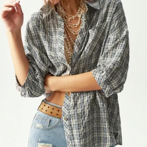 Woven Plaid Short Sleeve Loose Fit Blouse For Women - Image 4